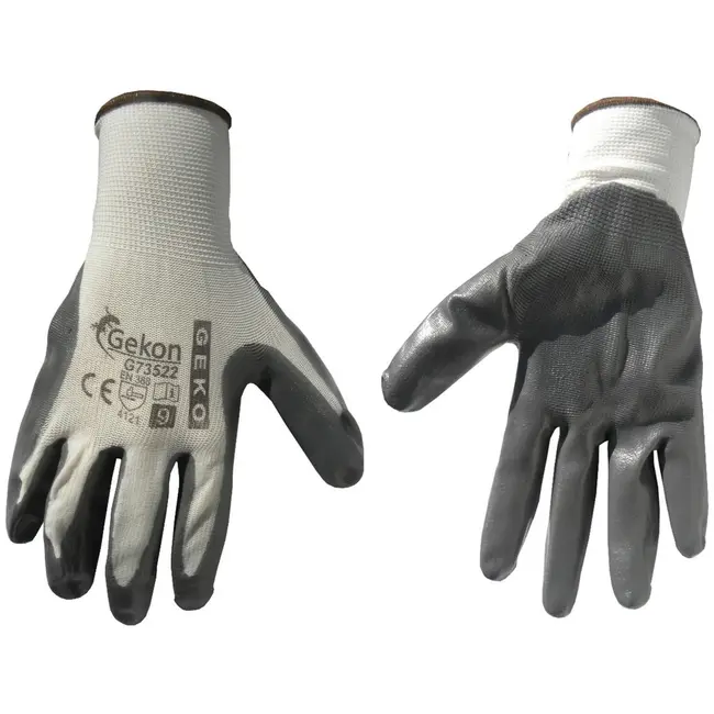 GEKO Katoenen werkhandschoenen - nitril coating - ademend - maat 9 - wit-grijs - 12 stuks