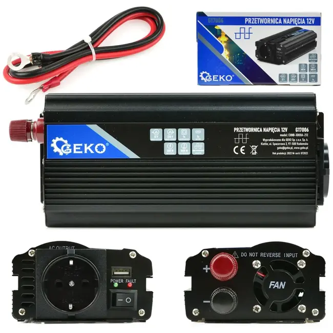 GEKO Omvormer 12V naar 230V - 800/1600W - USB-poort - Slimme koeling