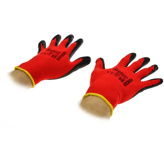 GEKO Rode werkhandschoenen - katoen met nitril - maat 8 - ademend en slijtvast - 12 stuks
