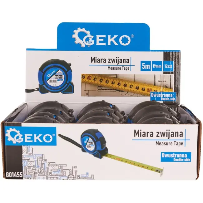 GEKO Dubbelzijdige meetlint - 5m x 19mm - Vergrendelbaar - Lichtgewicht - Antislip haak - 12 stuks