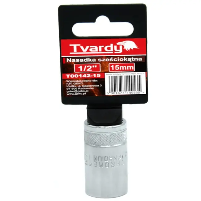 Tvardy Zeskant dopsleutel - 15 mm - Chroom vanadium - Met knurling - 1/2" aansluiting