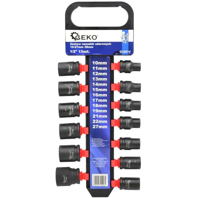 GEKO Impact dopsleutelset - 6-punts - Cr-V staal - 13-delig - 10-27 mm