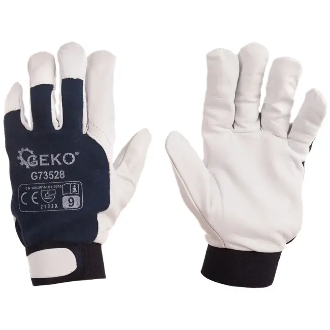 GEKO Leren werkhandschoenen - Velcro sluiting - Maat 9 - Navy en wit - 12 stuks