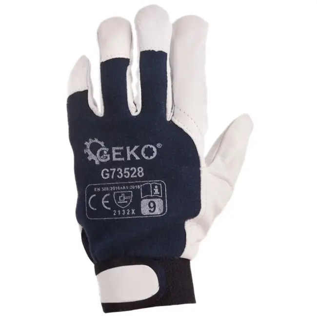 GEKO Leren werkhandschoenen - Velcro sluiting - Maat 9 - Navy en wit - 12 stuks