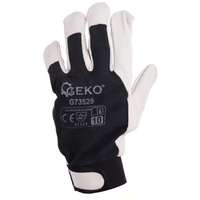 GEKO Leren werkhandschoenen - Velcro sluiting - Maat 10 - Blauw en wit - EN388 bescherming - 12 stuks