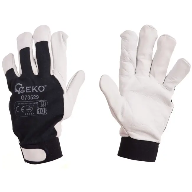 GEKO Leren werkhandschoenen - Velcro sluiting - Maat 10 - Blauw en wit - EN388 bescherming - 12 stuks