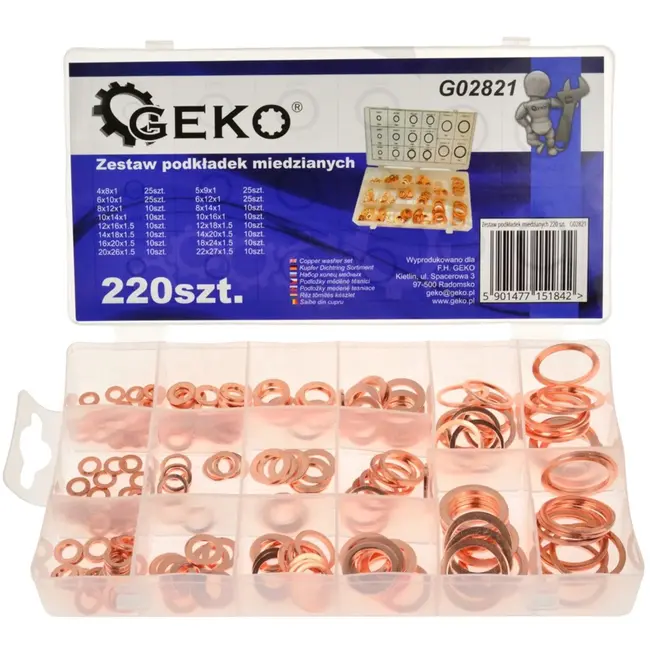 GEKO Koperen ringenset - 220 stuks - Corrosiebestendig - Elektrisch geleidend - Diverse maten