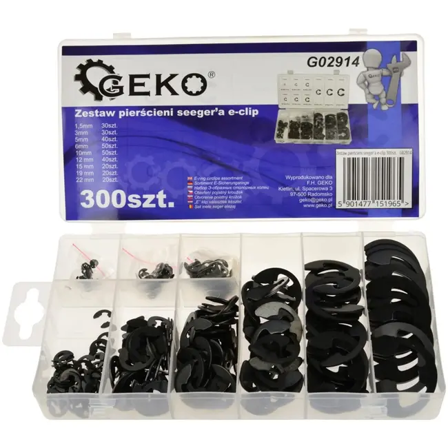 GEKO E-clip set - roestvrij staal - 300 stuks - 9 maten - met opbergdoos