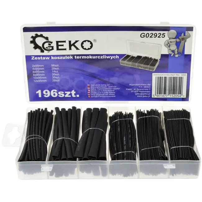 GEKO Assortiment krimpkousen - 196 stuks - zwart - diverse maten - met opbergdoos