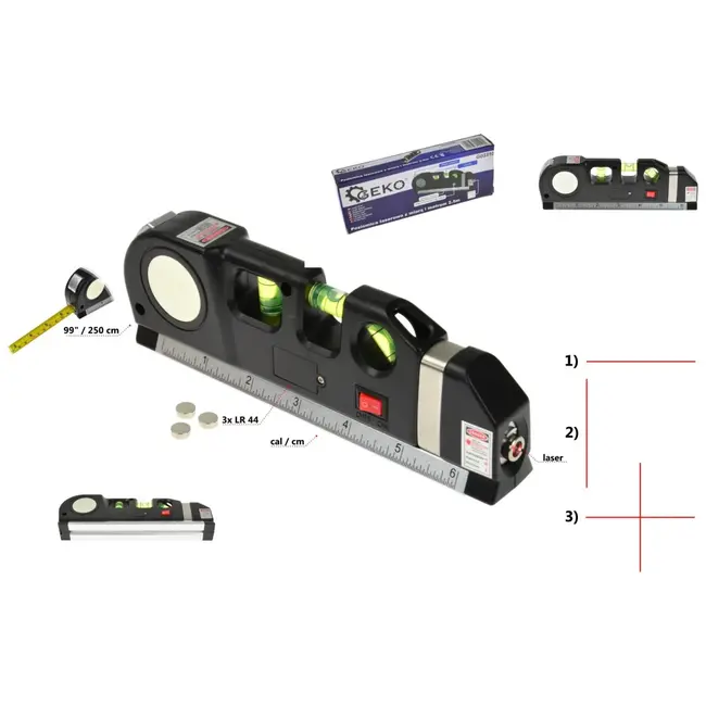 GEKO Multipurpose laserwaterpas - 2,5m meetlint - 3 richtingsniveaus