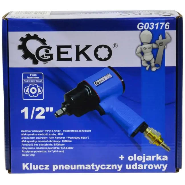 GEKO Luchtsleutel - Krachtig - Verstelbaar koppel - Comfortabele grip - 1550 Nm