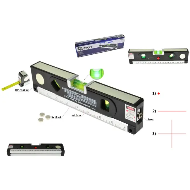 GEKO Laserwaterpas - Multifunctioneel - 1,5m Meetlint - LED Licht - ABS & Aluminium