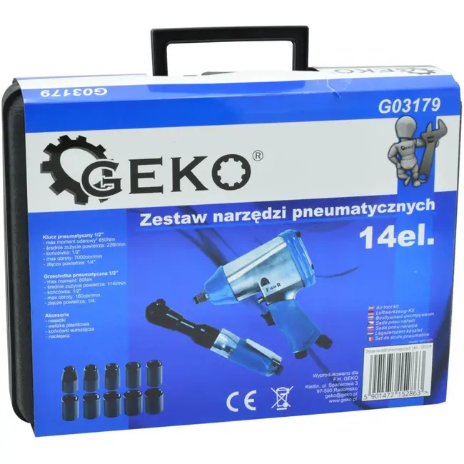 GEKO 14-delige pneumatische gereedschapsset - krachtige slagmoersleutel - ratelsleutel - uitgebreide dopsleutelset