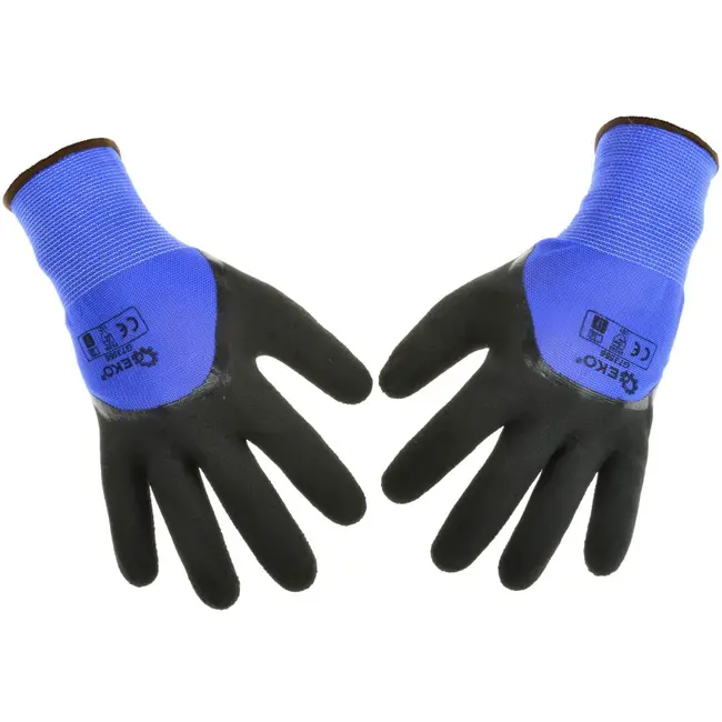 GEKO Polyester werkhandschoenen - duurzame latex coating - maat 9 - blauw/zwart - 12 stuks