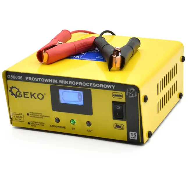 GEKO Microprocessor acculader - 6/12V - 15A - Automatische 4-staps functie - LCD display