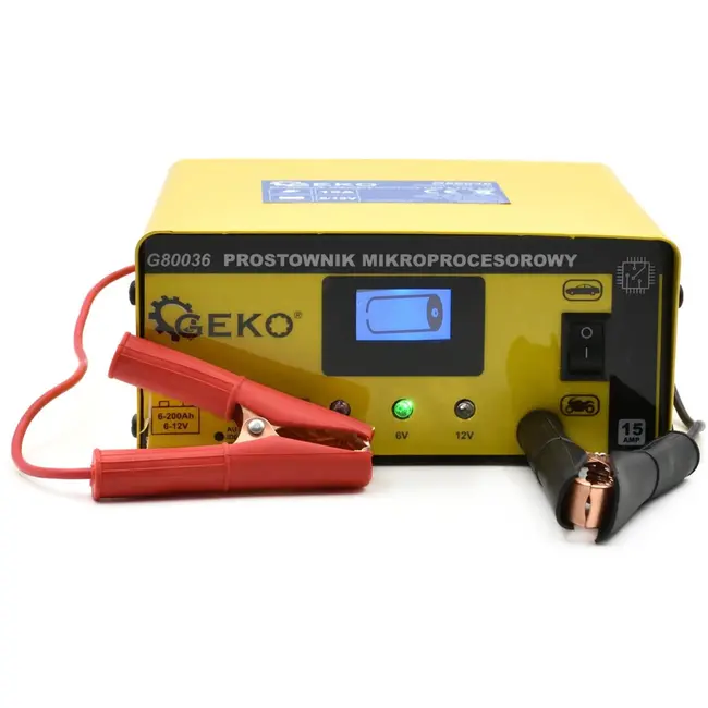 GEKO Microprocessor acculader - 6/12V - 15A - Automatische 4-staps functie - LCD display
