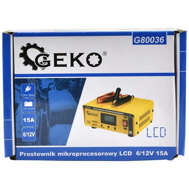 GEKO Microprocessor acculader - 6/12V - 15A - Automatische 4-staps functie - LCD display