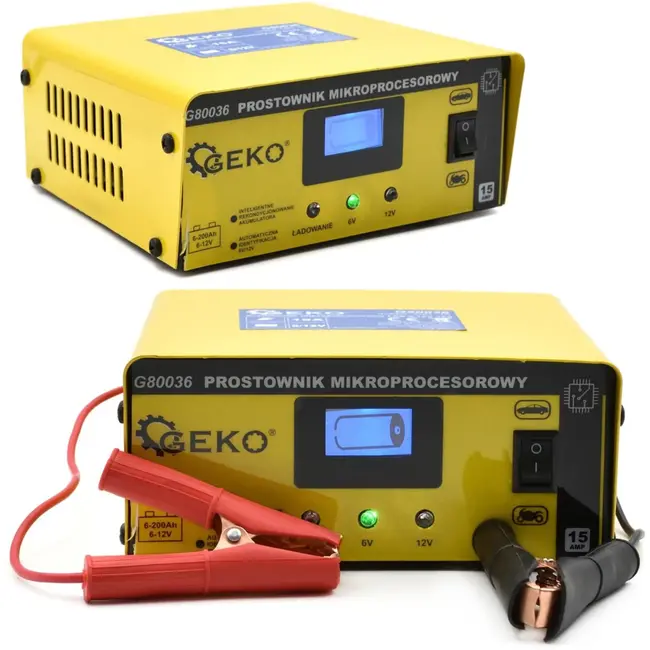 GEKO Microprocessor acculader - 6/12V - 15A - Automatische 4-staps functie - LCD display