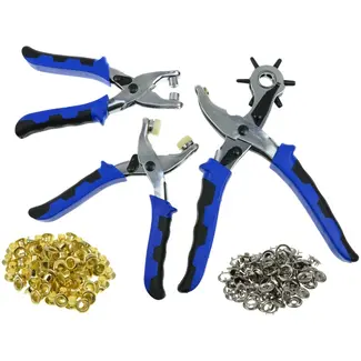 GEKO Leerbewerking set - Compleet gereedschap voor gaatjes, oogjes en drukknopen - Inclusief 220mm revolvertang