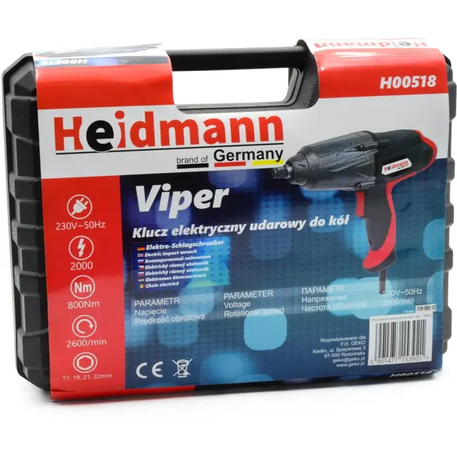 Heidmann Elektrische slagmoersleutel - 800 Nm - 2000W - Inclusief 4 doppen - Met koffer