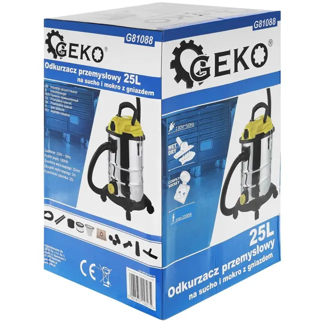 GEKO Stofzuiger nat en droog - 25L - roestvrij staal - met stopcontact en accessoires