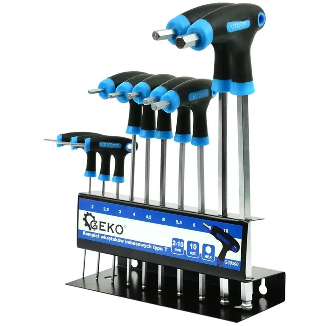 GEKO Set van 10 T-vormige inbussleutels - Ergonomisch - 2-10 mm - Inclusief wandhouder
