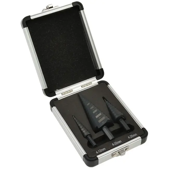 Tvardy Set van stapboren - HSS M2 staal - 4-12mm, 4-20mm, 4-32mm - Aluminium opbergdoos