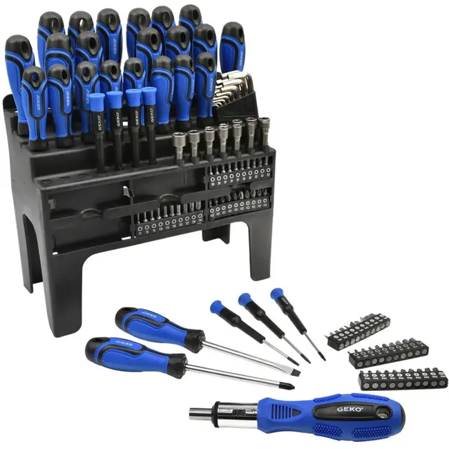 GEKO Gereedschapset - 122-delig - Magnetische tips - Twee-componenten handgreep - Inclusief ratelschroevendraaier