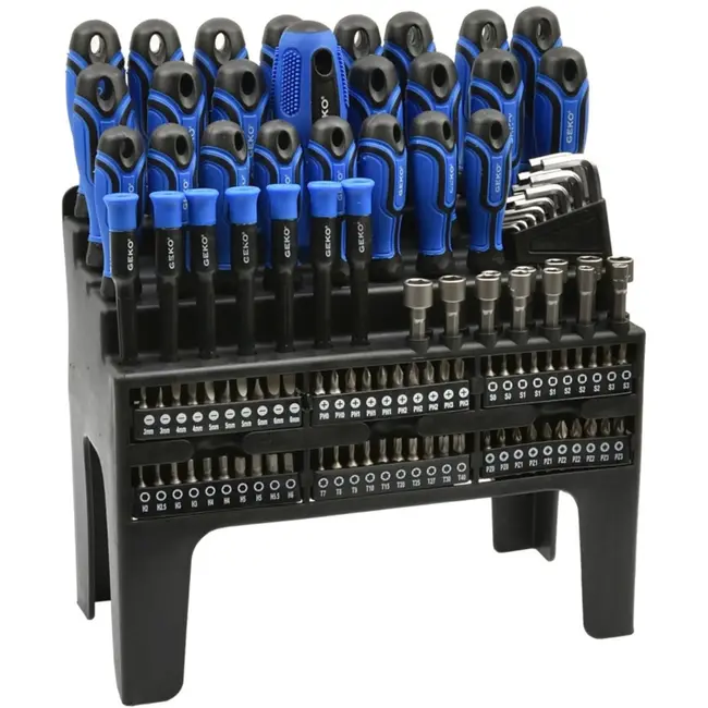 GEKO Gereedschapset - 122-delig - Magnetische tips - Twee-componenten handgreep - Inclusief ratelschroevendraaier
