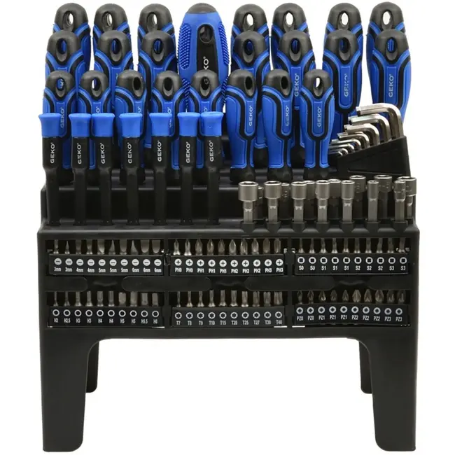 GEKO Gereedschapset - 122-delig - Magnetische tips - Twee-componenten handgreep - Inclusief ratelschroevendraaier