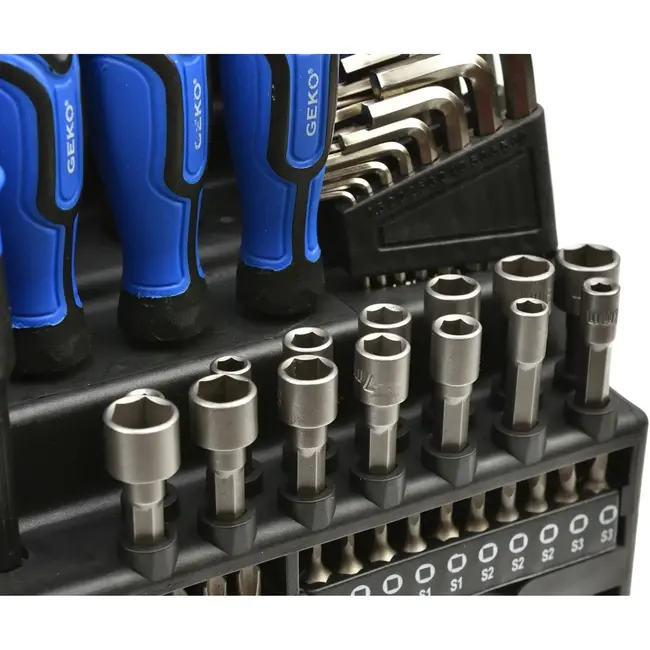 GEKO Gereedschapset - 122-delig - Magnetische tips - Twee-componenten handgreep - Inclusief ratelschroevendraaier