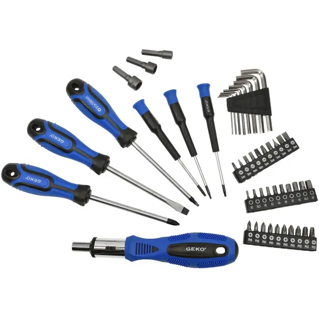GEKO Gereedschapset - 122-delig - Magnetische tips - Twee-componenten handgreep - Inclusief ratelschroevendraaier