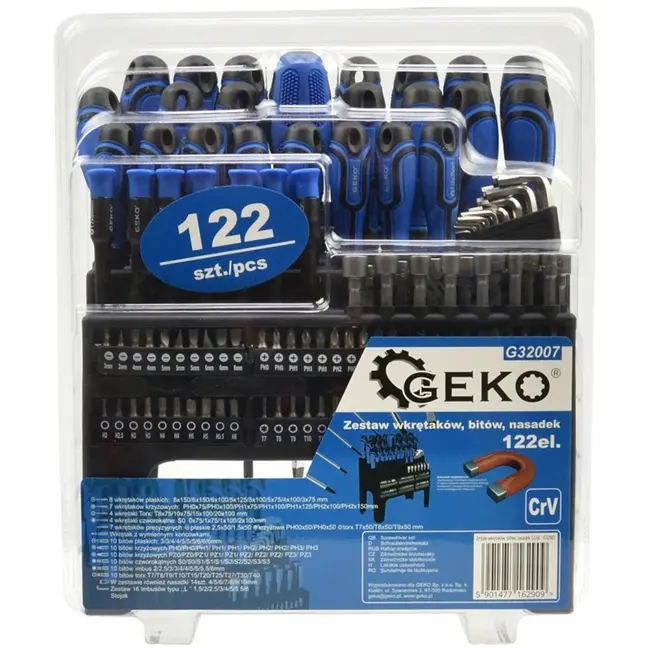 GEKO Gereedschapset - 122-delig - Magnetische tips - Twee-componenten handgreep - Inclusief ratelschroevendraaier