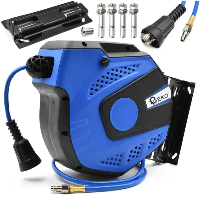 GEKO Luchtslang op haspel - 14m - Versterkt PVC - Hoge drukbestendigheid - Wandmontage mogelijk