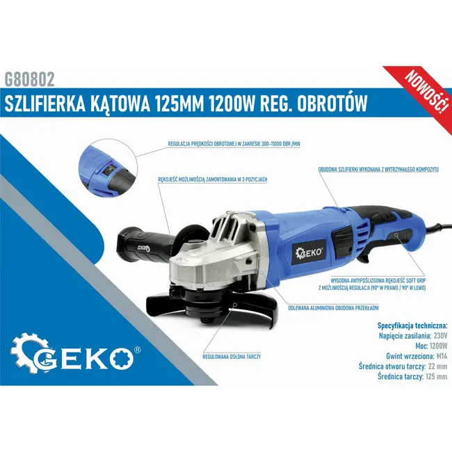 GEKO Hoekslijper 125mm - 1200W - Verstelbare Snelheid - Draaibare Handgreep - Antislip Grip