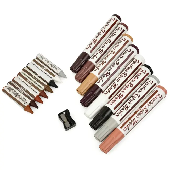 GEKO Meerdelige reparatieset - 17-delig - Voor hout en houtachtige materialen - Inclusief kleurmarkers en waskrijtjes