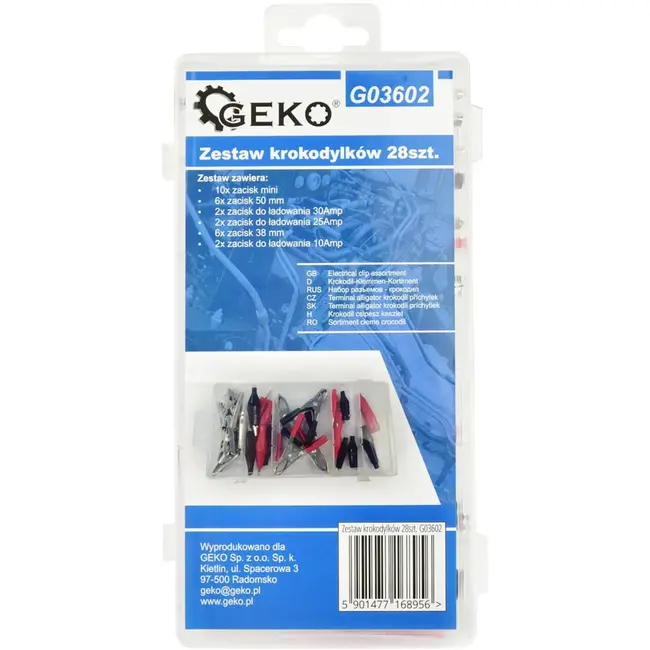 GEKO Set van 28 krokodillenklemmen - geïsoleerd en niet-geïsoleerd - diverse maten