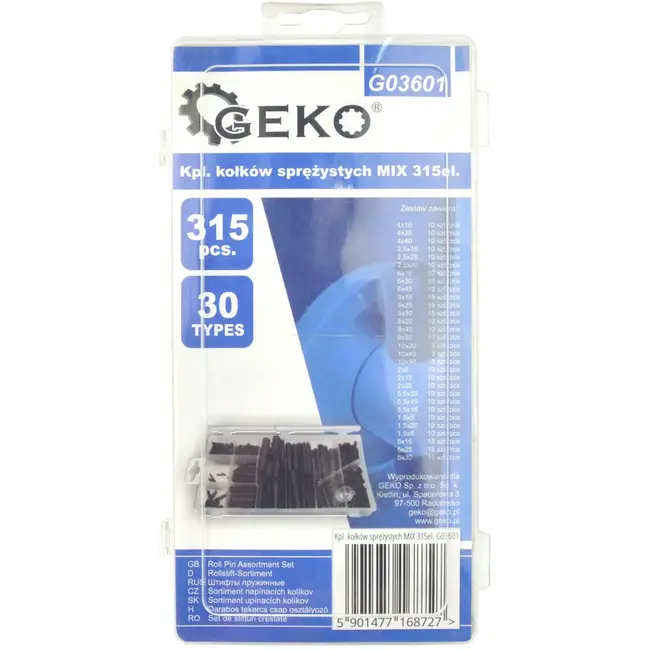 GEKO Set van 315 veerstiften - diverse maten - staal - met sorteerdoos