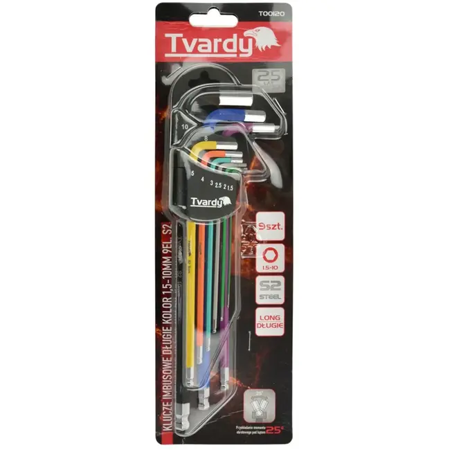 Tvardy 9-delige lange inbussleutelset - S2 staal - Kleurrijk - 1,5-10 mm