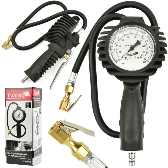 Tvardy Professionele bandenpomp - 12 bar - 95 cm slang - Schokbestendige manometer
