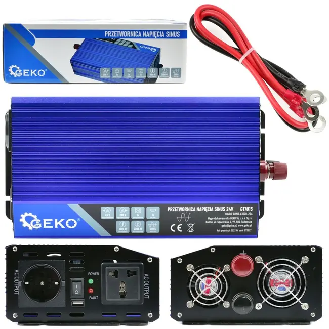 GEKO Pure sinus omvormer - 24V naar 230V - 1000/2000W - USB-aansluiting - Compact ontwerp