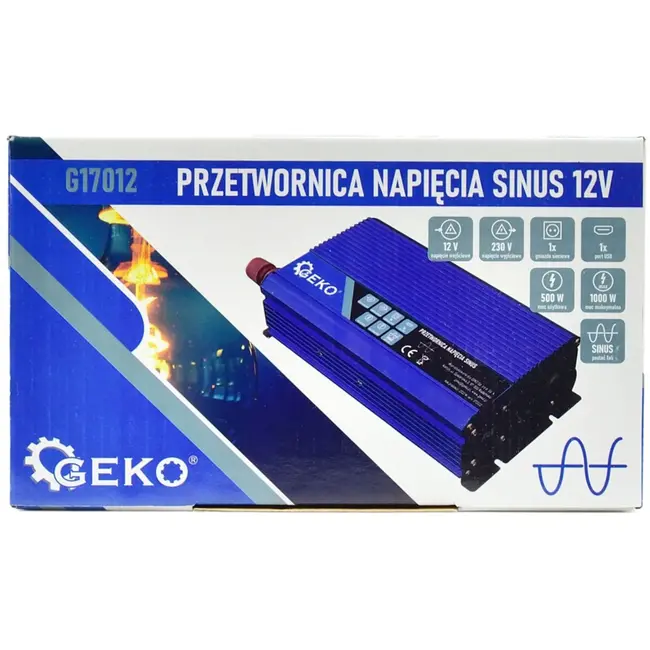 GEKO Pure sinusomvormer - 12V naar 230V - 500/1000W - USB-aansluiting - Compact ontwerp