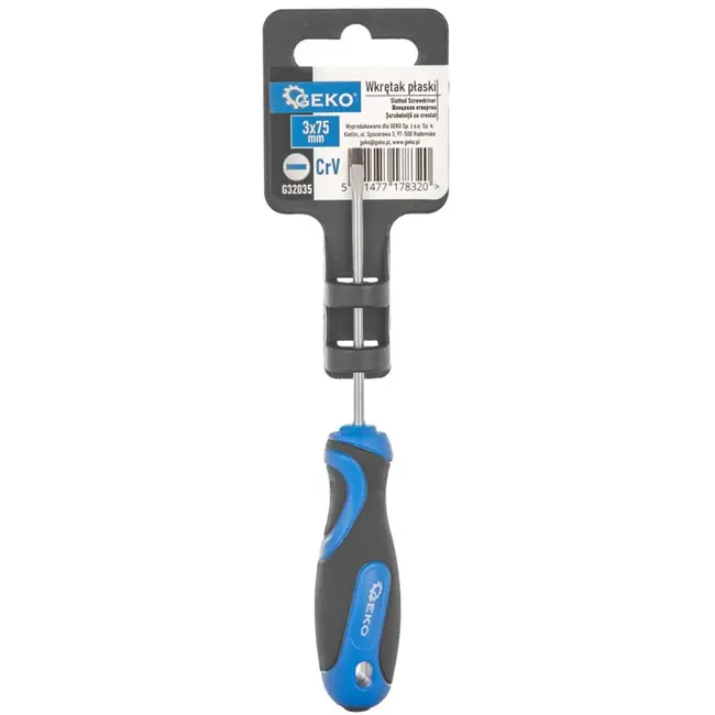 GEKO Platte schroevendraaier - 3mm sleuf - 75mm - CrV staal - magnetische punt - zwart-blauw