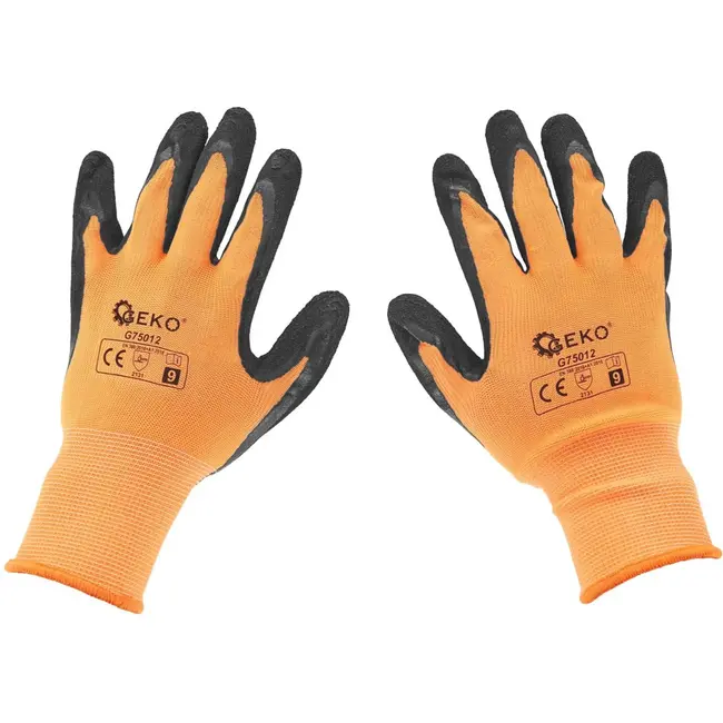 GEKO Elastische werkhandschoenen - latexcoating - maat 9 - oranje - 12 stuks