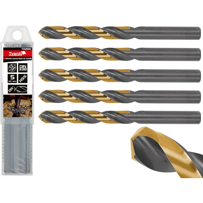 Tvardy Metaalboor - HSS 13 mm - TiN coating - Zwart & goud - Slijphoek 135° - 5 stuks