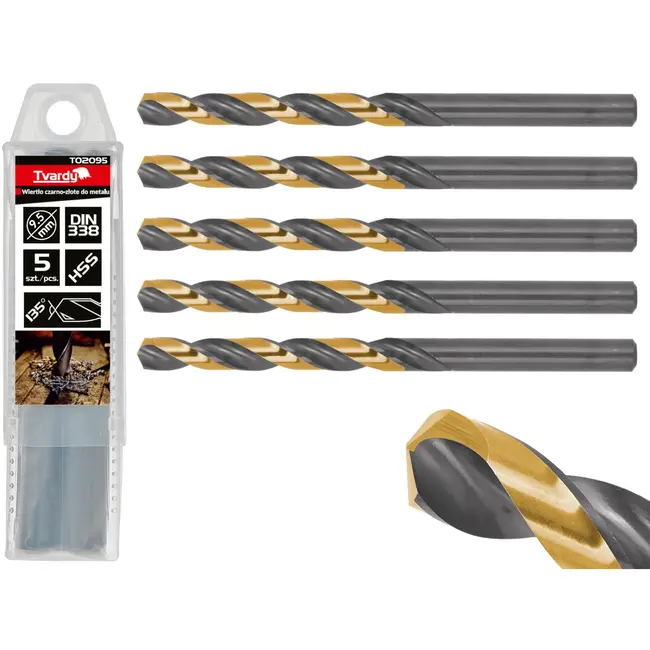 Tvardy Metaalboor - HSS 9,50 mm - TiN coating - Zwart & goud - Lange levensduur - 5 stuks