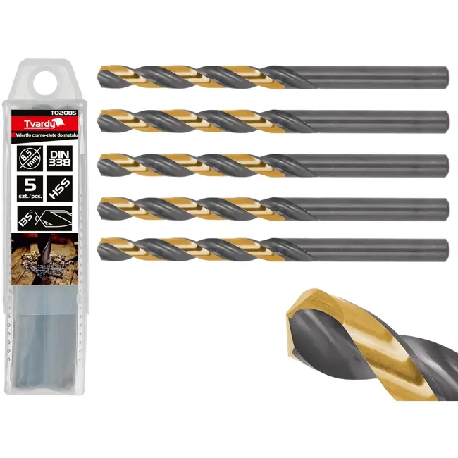 Tvardy Metaalboor - HSS 8,5 mm - TiN Coating - Zwart/Goud - Slijphoek 135° - 5 stuks