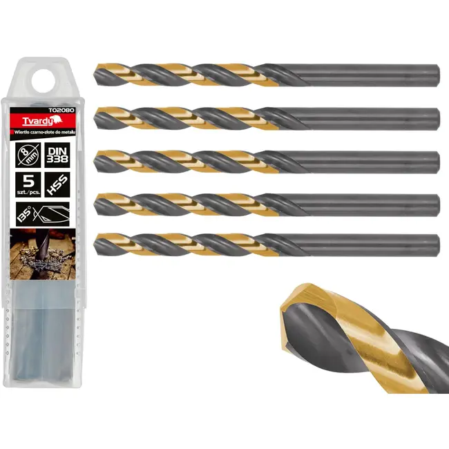 Tvardy Metaalboor - HSS 8 mm - TiN Coating - Zwart & Goud - Slijphoek 135° - 5 stuks