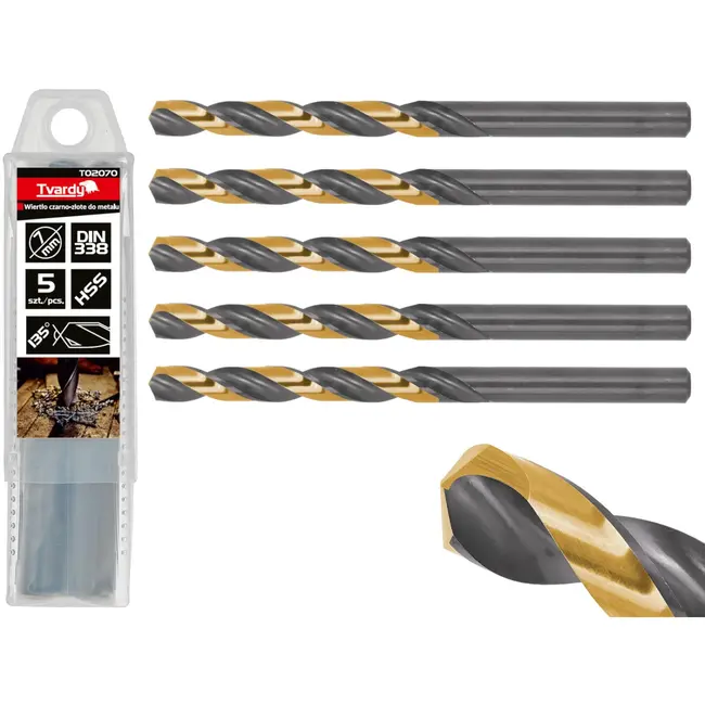 Tvardy Metaalboor - HSS 7 mm - TiN coating - Zwart & goud - Voor harde materialen - 5 stuks