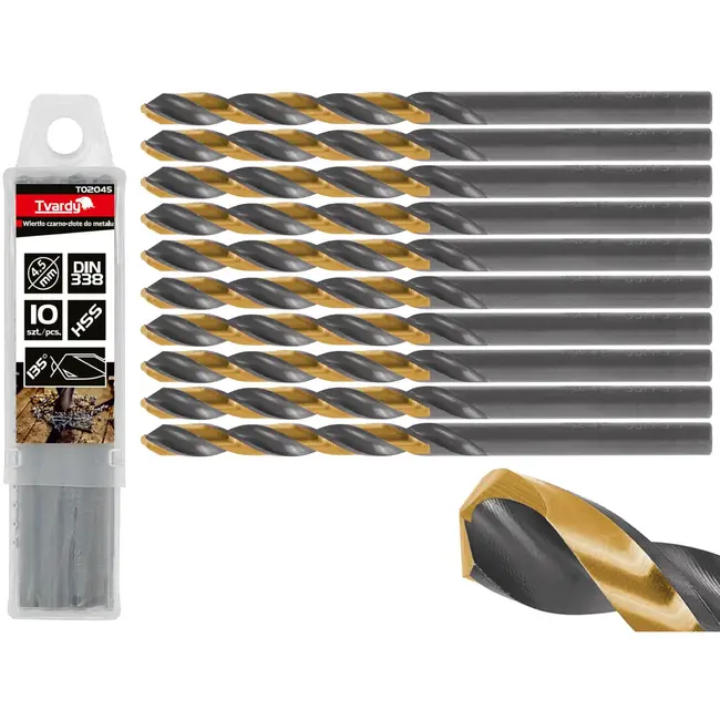 Tvardy Metaalboor - HSS 4,5 mm - TiN coating - Zwart & goud - Slijphoek 135° - 10 stuks